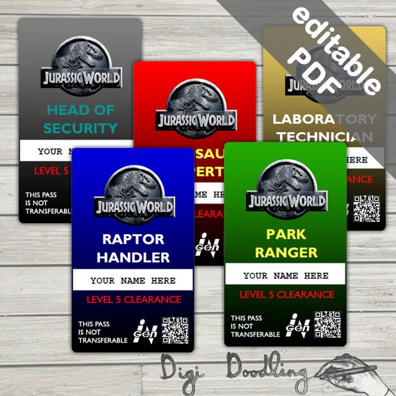 Jurassic World Costume; Jurassic World ID Badge. (Editable PDF, 5 Colors)