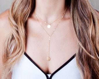 Lariat Necklace, Gold Y Necklace, Gold Disc Necklace, Personalized Necklace, Drop Necklace, Initials necklace, Minimal Y Necklace Short