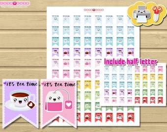 Tea Time Kawaii. Flags Printable Planner Stickers, Cute tea stickers for your life planner.