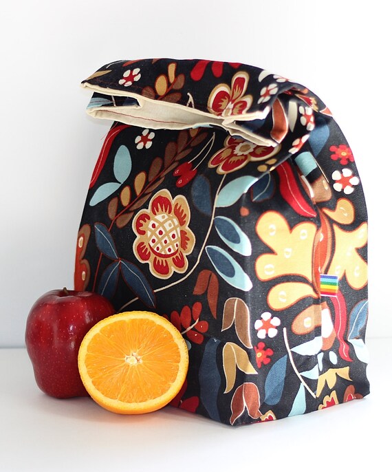 Waxed Canvas Lunch Bag Navy Blue Flower by RainbowBeeDesign