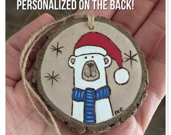 Personalized wood Christmas ornament, polar bear custom ornament, wood burning ornament, bear with Santa hat ornament, holiday ornament