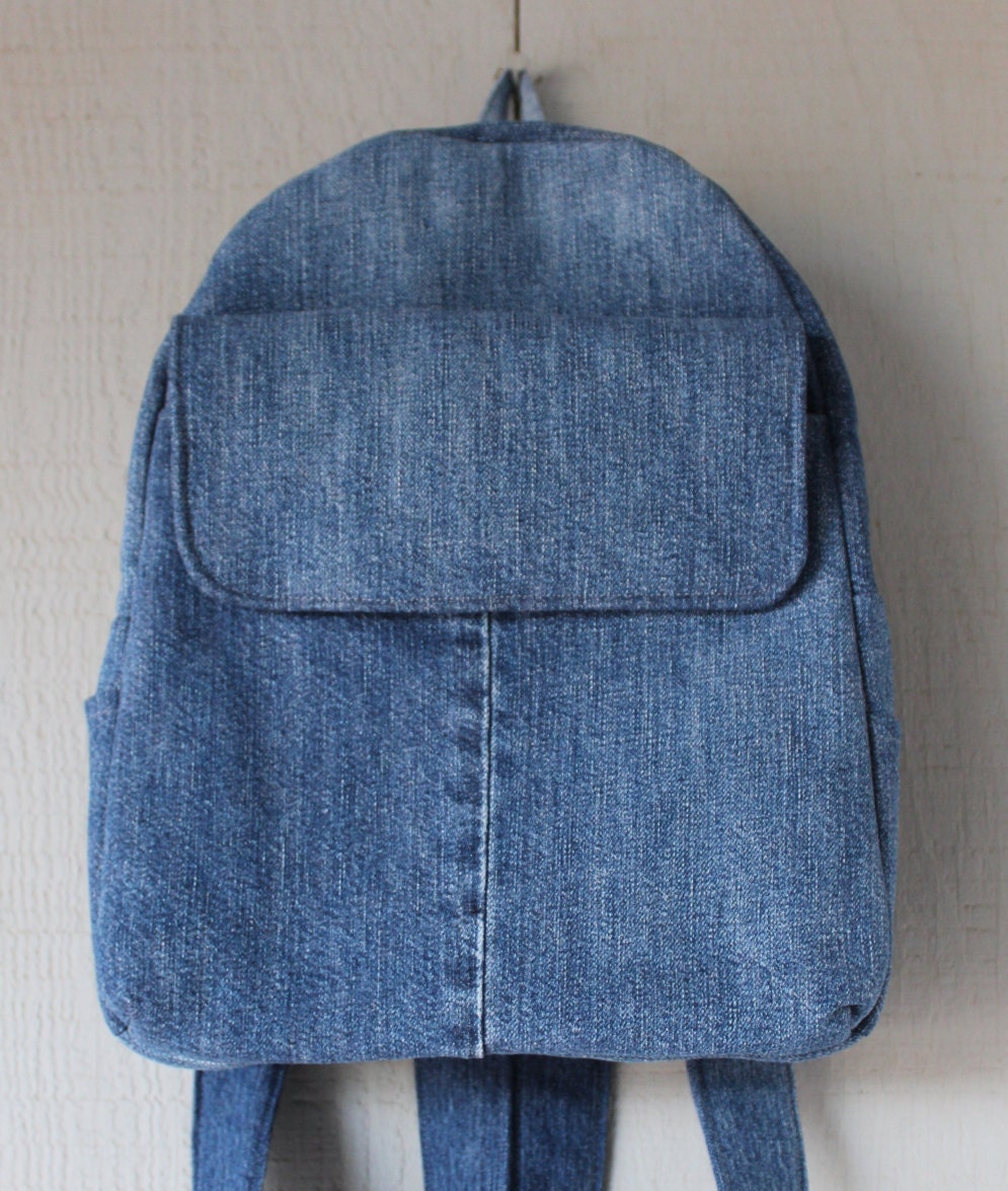 Denim Backpack with Large Front Velcro Pocket Two Side