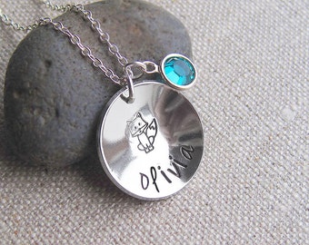 Personalized fox necklace, name necklace, swarovski birthstone, silver chain, hand stamped cupped disc, birthstone jewelry, gift for her
