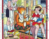 Darling Teddy Bear Visit To The Barber Vintage Illustration Digital Download Antique Story Book Plate A4 Printable Nursery Art to Frame