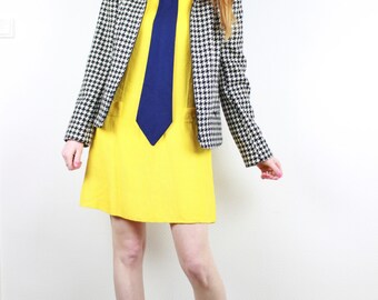 French Vintage Houndstooth 100% Wool Jacket / 80s 90s Classic Black & White Checkered Zippered Jacket Fall Winter Size Medium Large