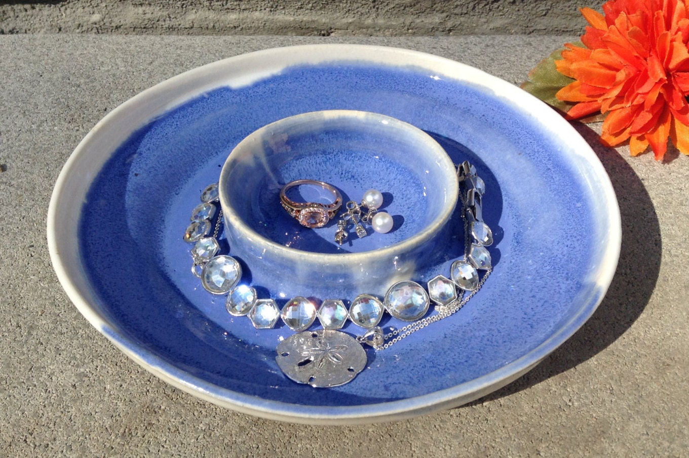 Blue and White Ceramic Jewelry Holder Ceramic by ShadowSparkStudio