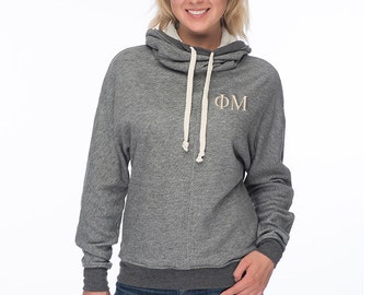 Phi Mu Cowl Neck Sweatshirt, Phi Mu French Terry Hooded Sweatshirt, Embroidered Phi Mu Sweatshirt, Phi Mu sweats, Greek Gear and Apparel