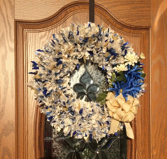 20" Blue, Cream and Gold Shabby Chic Wreath