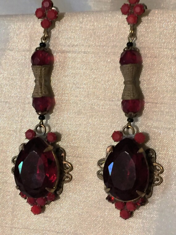 Vintage Czech Earrings Ruby Red Pierced Earrings Statement