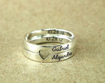 Drill Heart Ring, Custom Name Rings, 3mm Personalized Ring, Personalized Stacking Ring, Silver Engraved Ring, Birthday Gift, Tiny Ring