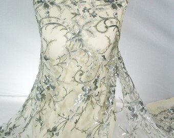 French Couture lace-Metallic Silver-Ivory-Dentelle de Callais-Solstiss Designer lace-Glass Pearls-Hand embroidered-Royal lace-No 60