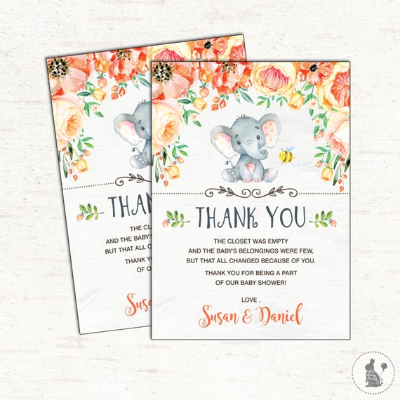 ELEPHANT Thank You Card. Autumn Floral Baby Shower