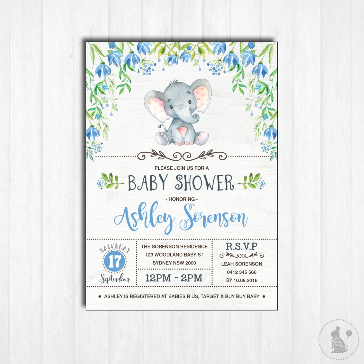 ELEPHANT Baby Shower Invitation. Printable. Baby Boy. Woodland