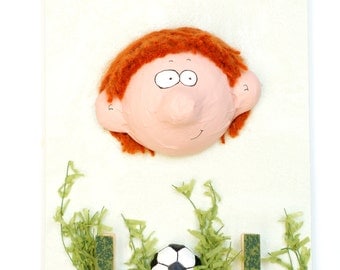 Reminder to hang, child with football, humorous head embossed, gift for boy
