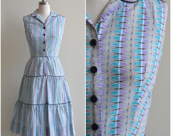 1950s Dress / Sleeveless Geometric Print Dress / Vintage 50s Cotton Dress / Medium