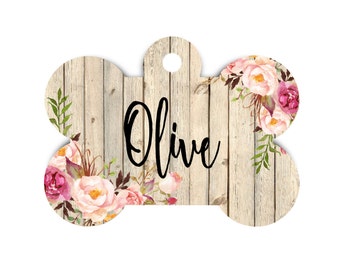 Rustic Dog Bone Tag for Dogs, Dog Tag for Dogs, Pet Id Tag for Dogs, Pet Id Tag for Cats, Floral Cat Tag, Floral Dog Tag, Rustic Dog Tag
