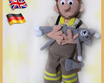 Fire-fighter Tom, amigurumi doll crochet pattern, crocheted dolls pattern, amigurumi PDF pattern, Instant download