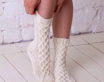 White wool socks Knit socks Winter socks Cable knitted socks Hand knitted socks Casual socks Cable wool socks White womens knit leg warmers