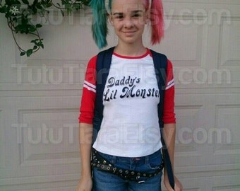 SALE Harley Quinn Shirt, Suicide Squad Daddy's Lil Monster GIRLS Red Sleeve Shirt Cosplay Costume