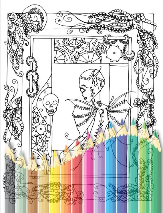 Steampunk Fairy Doll and Skull Skeleton Key Adult Coloring