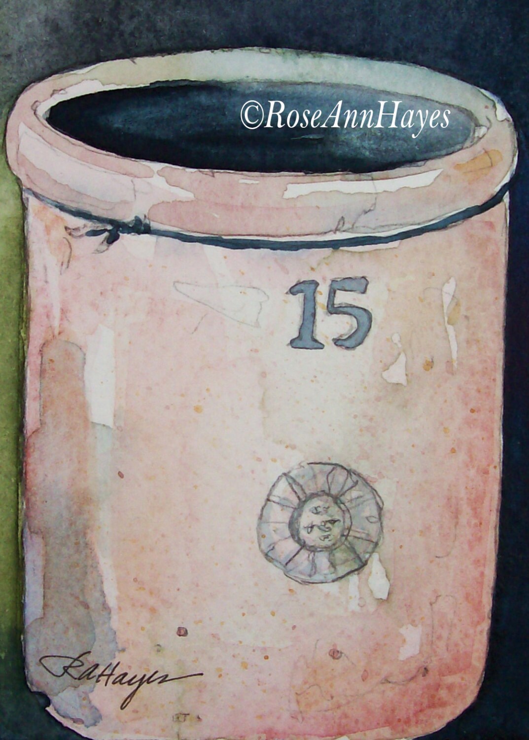 Watercolor Painting Old Stoneware Crock Primitive by RoseAnnHayes