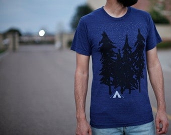 Starry Night men's tshirt - graphic tee men - camping shirt - Yosemite Park print on indigo blue - gift for him - adventure t shirt for men