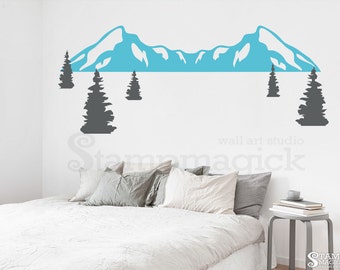 Mountain Wall Decal - Pine Tree Forest Wall Decal - Nursery Snow Mountain Range Vinyl Wall Art Scenery Hill Landscape Decor Sticker K408
