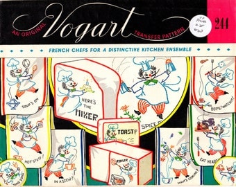 1950s Vogart 244 UNCUT Vintage Embroidery Transfer French Chefs Kitchen Linens