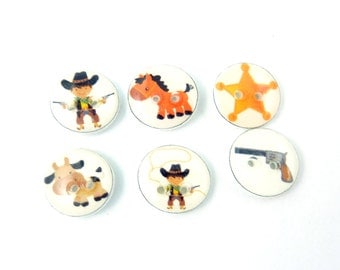 6 SMALL Cowboy Buttons. Police Buttons. Cowboy, Sheriff star, Horse, Cow, Gun Buttons.. 1/2" or 13 mm Round.