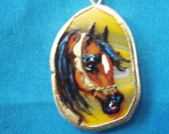 Arabian horse art necklace Quartz stone orange hand painted # 5