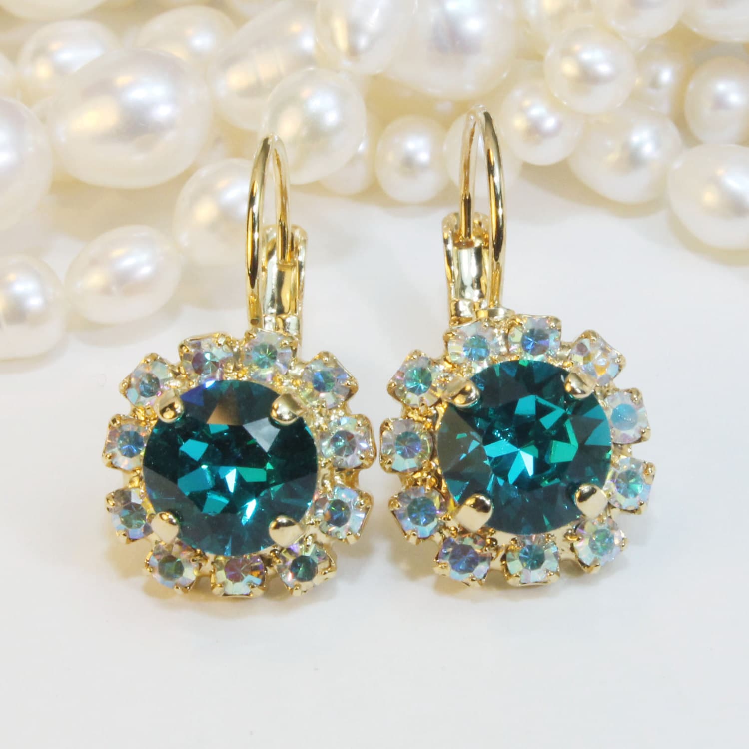 Teal Earrings Teal Gold Earrings Teal Crystal Drop Earrings