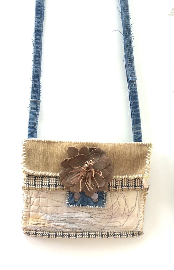 Handmade Artsy Crossbody Bag Upcycled Neutral Colors