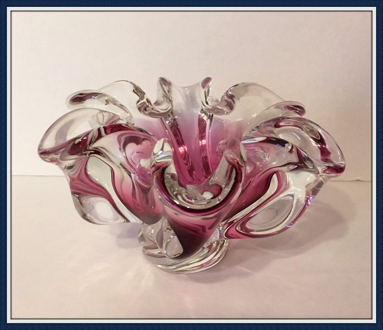 Crystal Glass Purple Candy Dish Ruffled Top Swirl Base