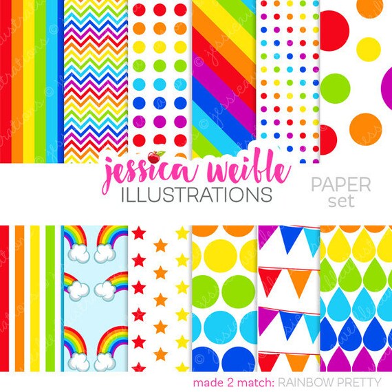 Rainbow Pretty Cute Digital Papers for Commercial or Personal Use, Rainbow Patterns, Rainbow Backgrounds Il_570xn