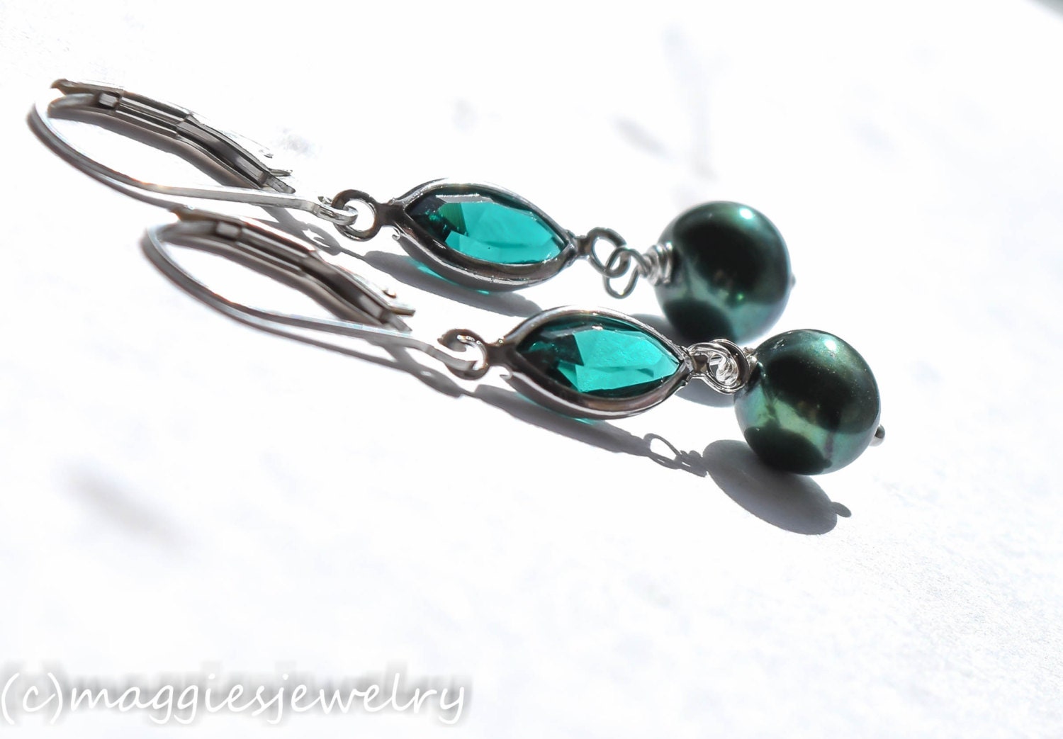 Emerald Green crystal dangle earrings sterling silver