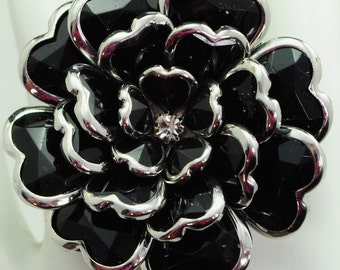 Big Classic Black Flower Ring/Silver/Statement Ring/Gift For Her/Holiday Ring/Adjustable/Under 20 USD