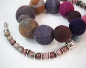 Pink Blue Grey Necklace Felted Ball Necklace Boho Natural Stone Necklace