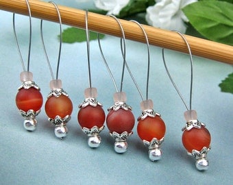 Knitting Stitch Markers, Orange Carnelian, Semi-Precious Stones, Large Size, Snag Free, Knitting Tool, Knitting Accessory, Knitters Gift