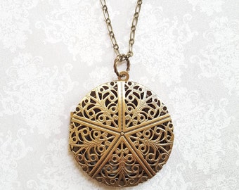 Locket Necklace Gold Brass Filigree Locket Round Vintage Style Pendant Picture Locket Romantic Long Chain Necklace Secret Hiding Place
