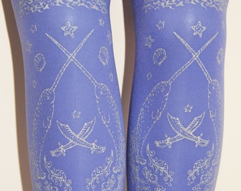 Blue Silver Tights Pirate Printed Small Medium Silver on Cornflower Blue Octopus Narwhal Nautical