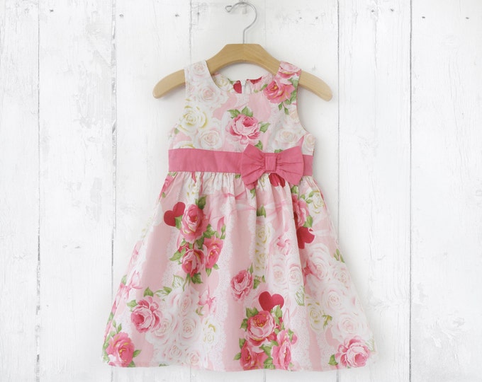 Girl Summer Dress, Pink Floral dress for girls, Baby girl Pink and White Dress, Vintage Inspired Girls Dress
