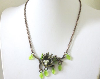 Birds Nest Necklace Copper Tree Branch Jewelry Sparrow