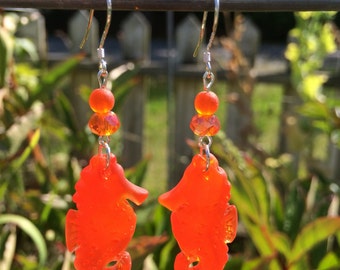 Sea Glass Seahorse Earrings, Orange Sea Glass Earrings