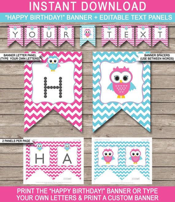 Owl Party Banner - Happy Birthday Banner - Custom Banner - Party Decorations - Bunting - Pink & Aqua - INSTANT DOWNLOAD with EDITABLE text Il_570xn