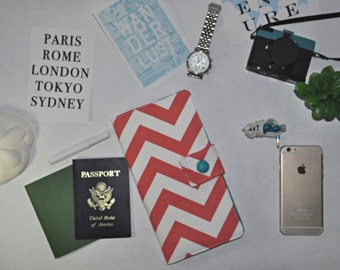 Travel Wallet Organizer - Coral Chevron Passport Wallet - Coral and Turquoise Boarding Pass Holder - Button Tab Passport Wallet
