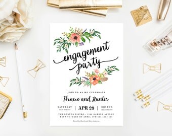 Boho Bride Engagement Party Invitation - Wedding, Invite, Bohemian, Floral, Flowers, Garden, Feathers, Engaged