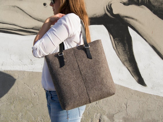 Felt TOTE BAG / leather straps / natural grey / felt women's bag / 100% wool felt / made in Italy
