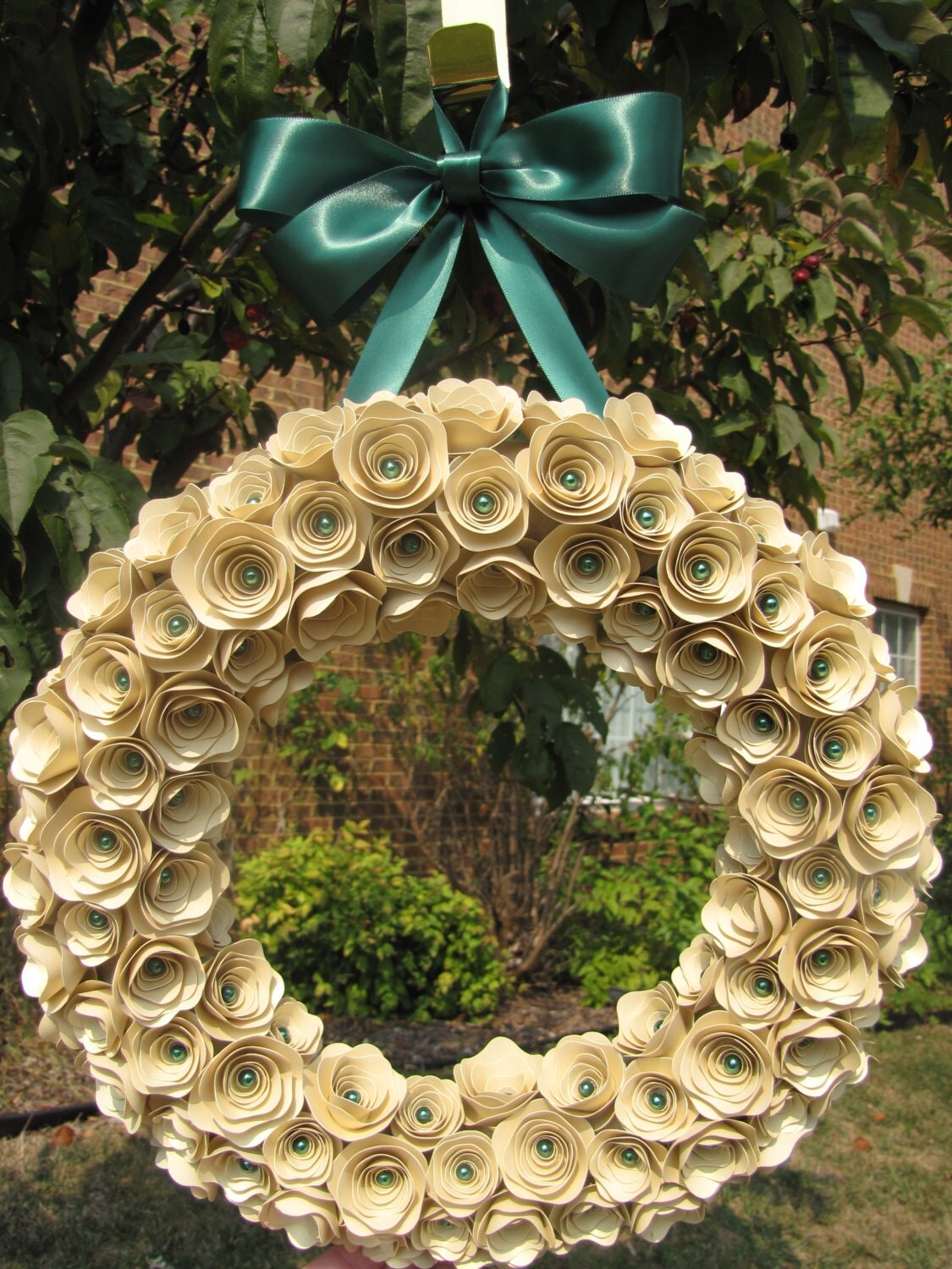 Shimmery Gold Card Stock Rose Wreath with Emerald Green Pearls