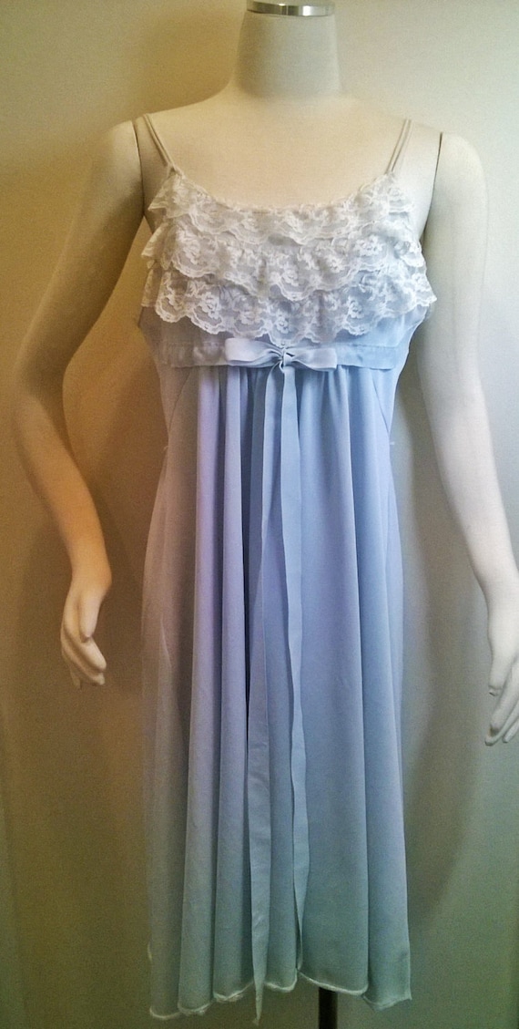 Baby Blue Nightgown Vtg TUX RUFFLES White LACE Ribbon Bow