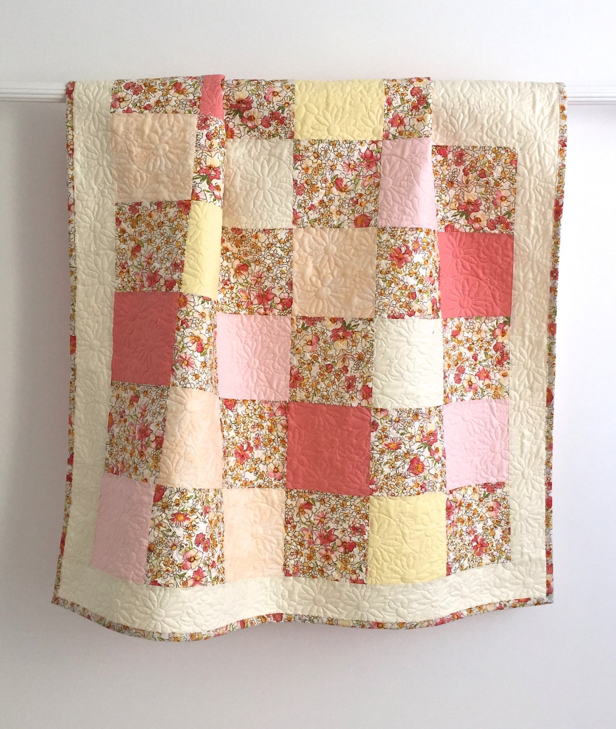 Adorable Baby Girl Quilt with Floral Watercolor Prints Pink